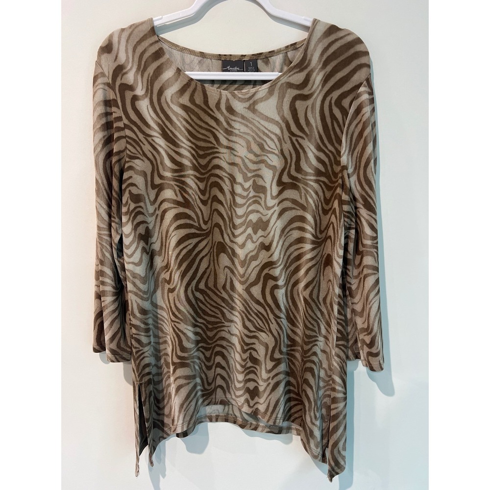 Travelers by Chicos Brown‎ Zebra Print Scoop Neck 3/4 Sleeve Top Size 1 Medium
